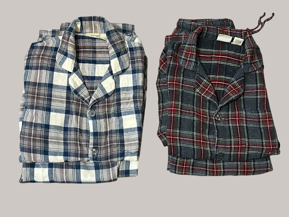 LL Bean Men Pajama Set Lot of 2 Medium Short Red Blue Gray Plaid Flannel Cotton